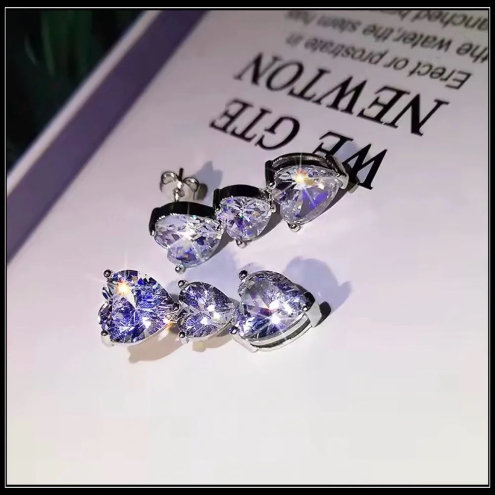 New Triple Heart Crystal Drop Earrings – Elegant Silver Love Statement Jewelry - Picture 5 of 6